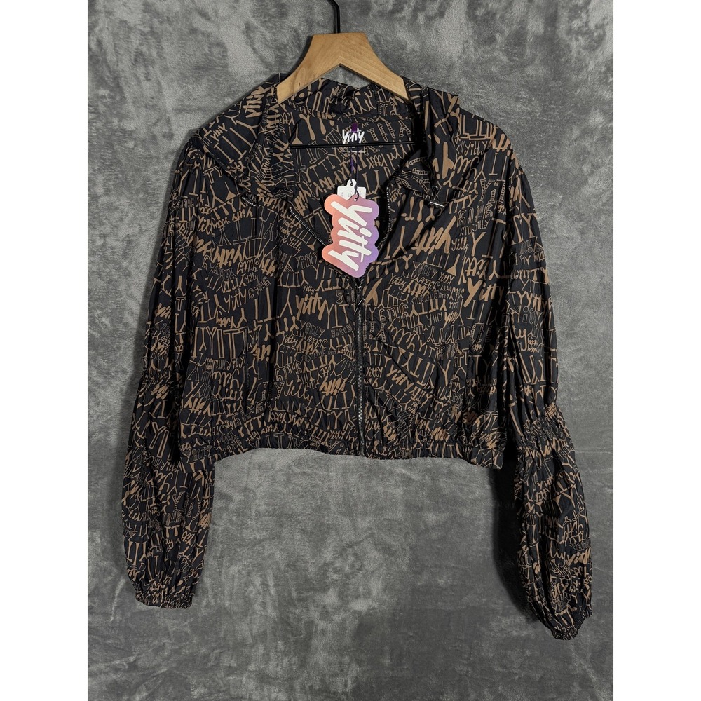 Yitty Womens Cropped Windbreaker 1X Black Brown Hooded Full Zip Nylon NWT